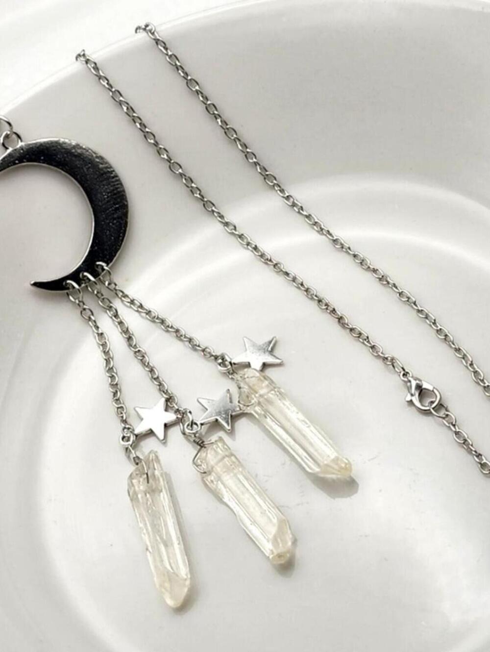 Genuine Quartz Crescent Moon & Stars Necklace